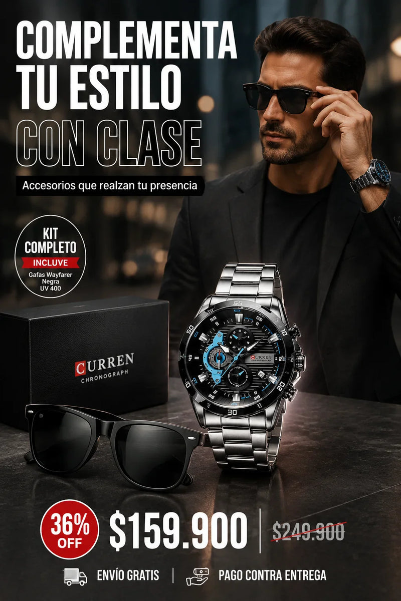 Combo Reloj Curren 8402 + Gafas Wayfarer Negra Uv 400